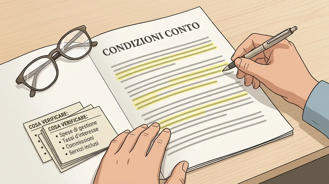 Documento di condizioni del conto con note evidenziate e penna su tavolo